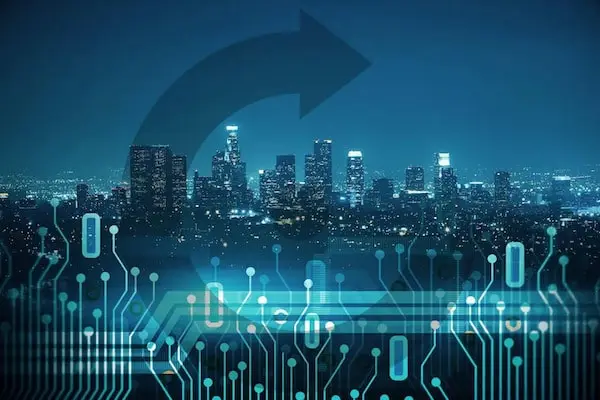 Modern cityscape combined with digital technology graphics.